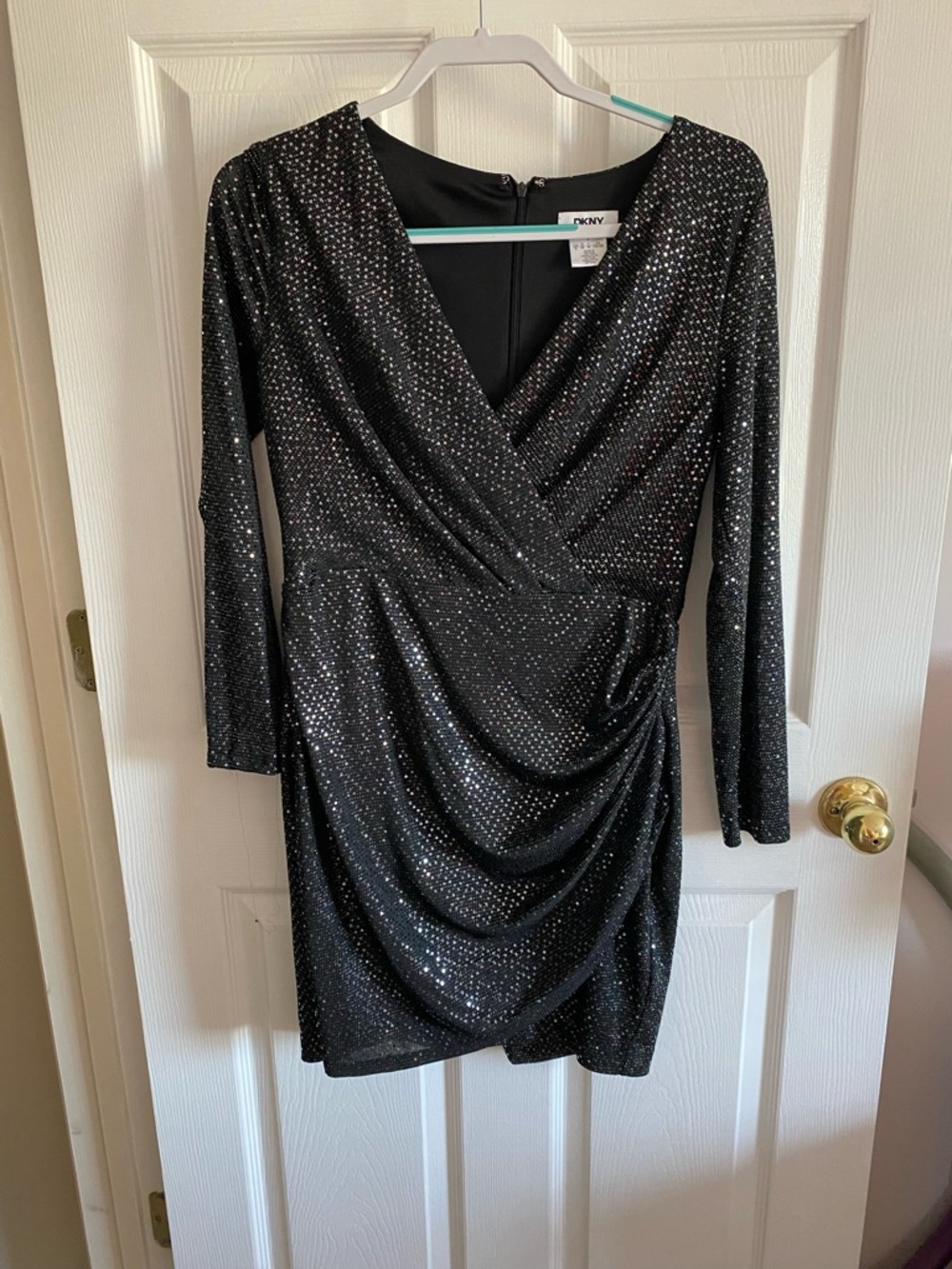 DKNY Black Long-Sleeve Sparkle Wrap Mini Dress